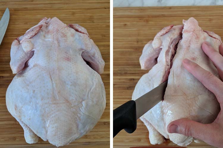 raw chicken backbone side up, knife cutting along backbone