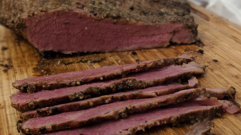 Smoked pastrami sliced on a chopping board