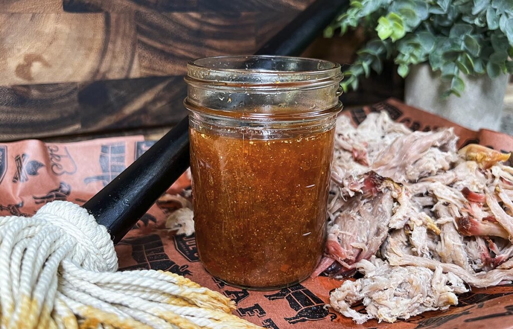 east carolina vinegar mop sauce with bbq mop and pulled pork