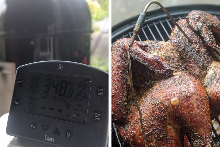 turkey on a smoker with a digital thermometer probe