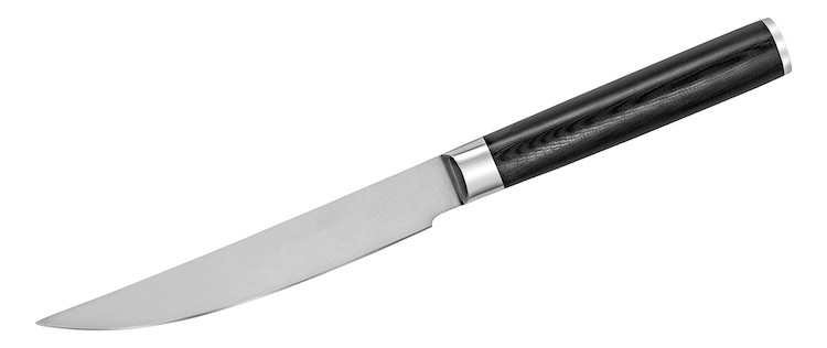 A knife with a straight black handle