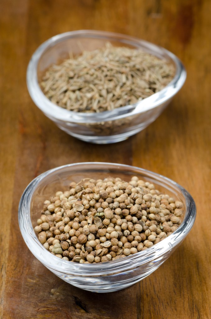 Coriander seeds in a transparent bowl
