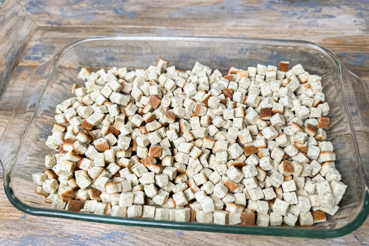 bread cubes in a glass tray