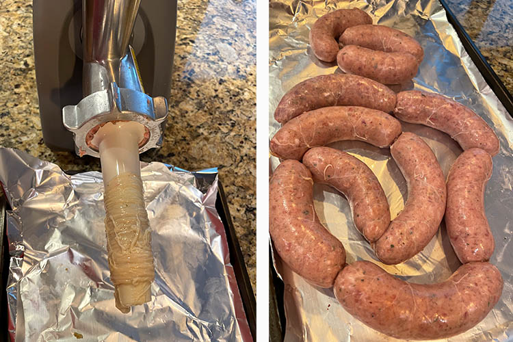 meat grinder with stuffing attachment and uncooked Irish sausages