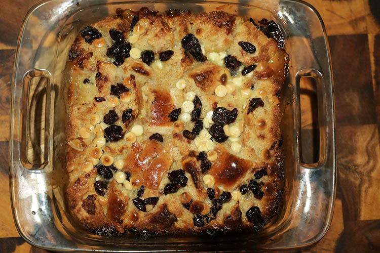 smoked bread pudding in a glass dish 