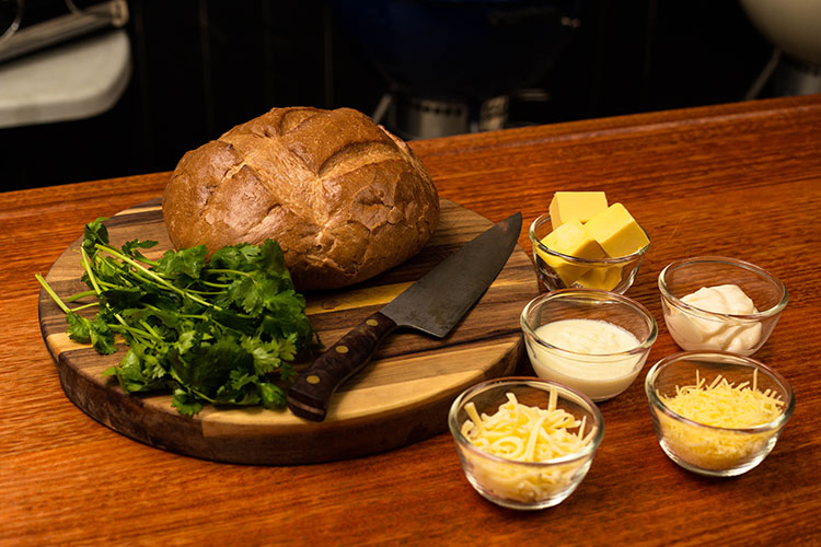 cilantro garlic bread ingredients in a wooden table
