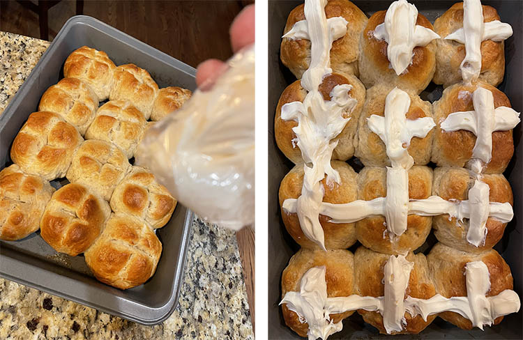 cooked hot cross buns with icing in a shape of a cross