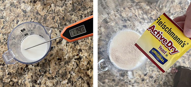 a measuring cup with milk and an instant-read thermometer; a measuring cup with milk and dry yeast