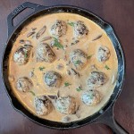 smoked venison meatball stroganoff in a cast iron pan