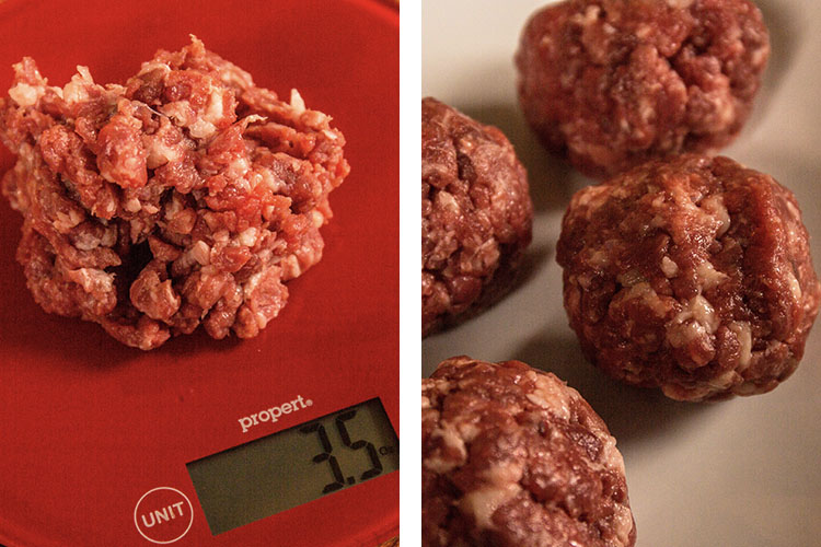 minced beef on a scale and raw meat balls on a white table