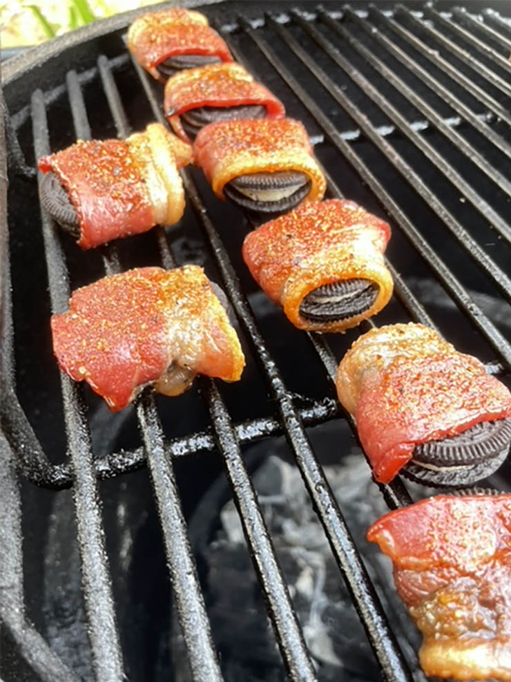 bacon wrapped oreos on a smoker