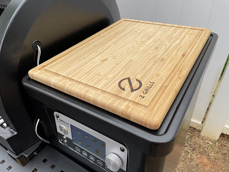 wooden cutting board on Z Grills 11002B pellet grill