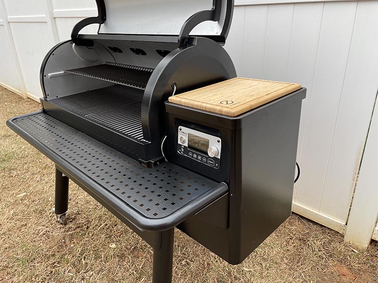side view of the Z Grills 11002B pellet grill with an open lid