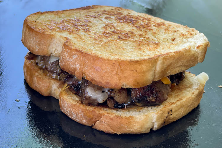 brisket grilled cheese on the grill