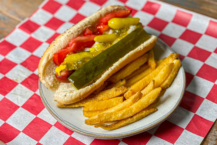 chicago hotdog and fries on a white plate sitting on a red and white check napkin