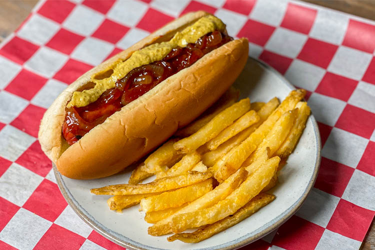 new york hotdog and fries on a white plate sitting on red and white check napkin