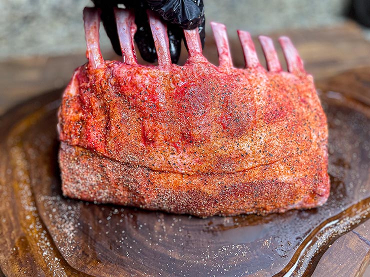 a gloved hand holding an uncooked rack of lamb seasoned with dry rub