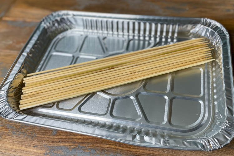 metal tray and bamboo skewers