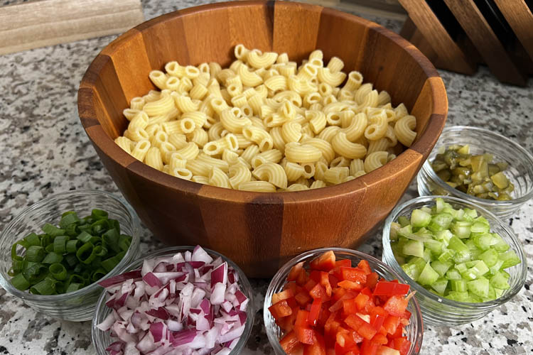 prep bowls of macaroni salad ingredients