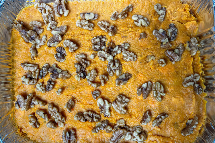 mashed sweet potato dotted with walnuts
