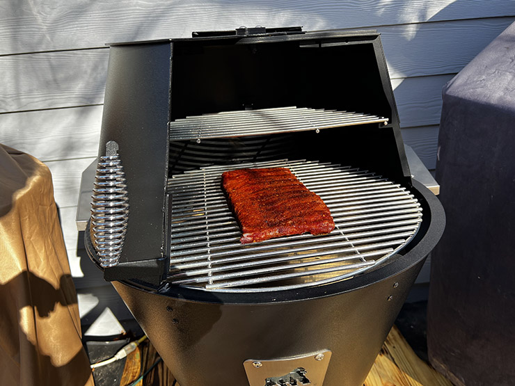 pork spare ribs smoking on a Grilla Grills Alpha Connect pellet grill