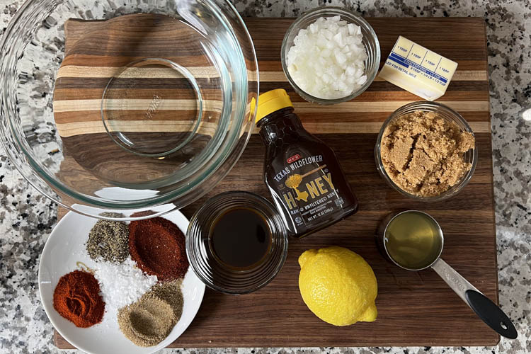 texas style bbq sauce ingredients on a wooden board