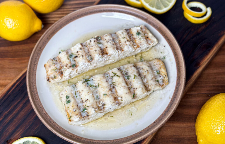 Grilled Halibut with Easy Lemon Garlic Butter Sauce