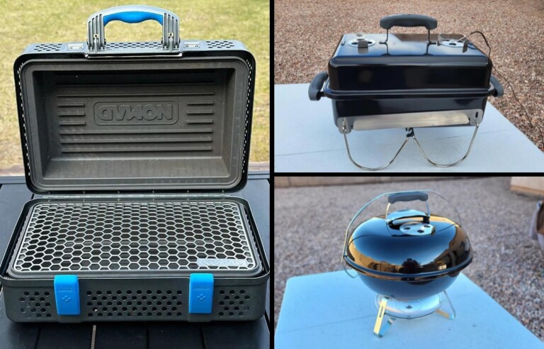 collage of portable charcoal grills including weber jumbo joe, go anywhere and nomad grill