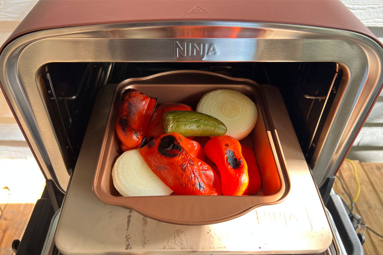 roasted veges in a tray in the ninja woodfire outdoor oven