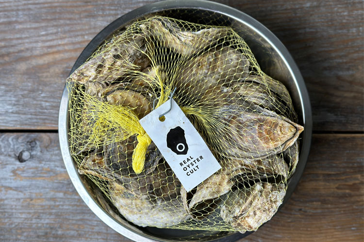 a bag of oysters in a tin bowl