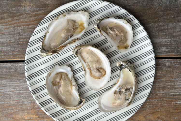 half shell oysters on a black and white striped plate