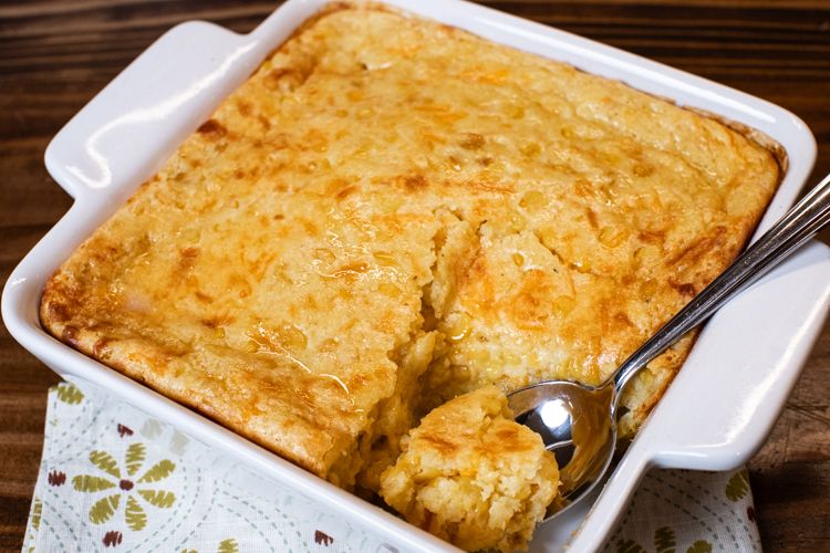 a spoonful of three cheese corn pudding
