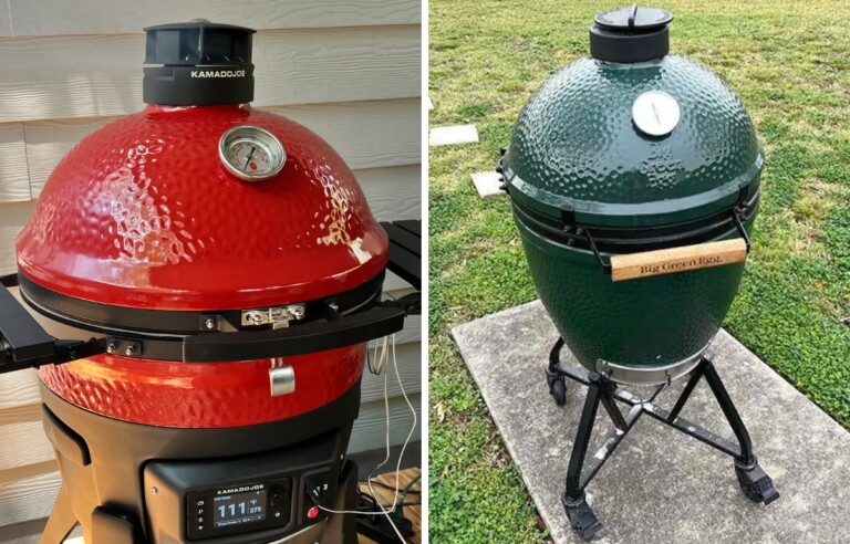 left kamado joe konnected joe grill, right big green egg ceramic grill