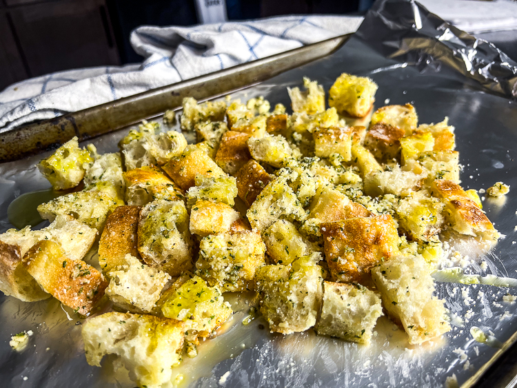 croutons on a silver tray