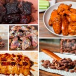collage showing a collection of game day recipes including buffalo wings, smokeed cream cheese, nuts, shotgun shells and burnt ends