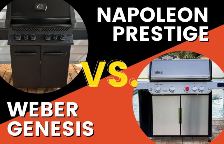 graphic showing weber genesis grill and napoleon prestige with text overlay saying napoleon vs weber