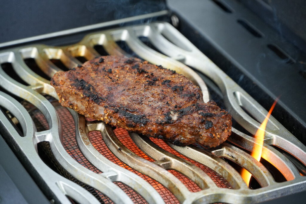 sear steak on infrared grill 2 mins in