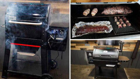 Pellet smokers comparison showing Weber Searwood producing heavy smoke and Pit Boss 850 DX with ribs, pork, and bacon cooking inside the chamber.