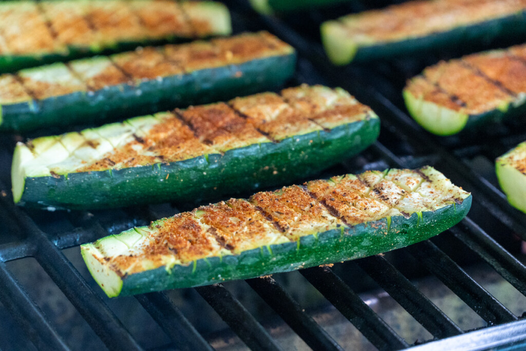 zucchini on the grill with the crosshatch side up and some nice grill marks