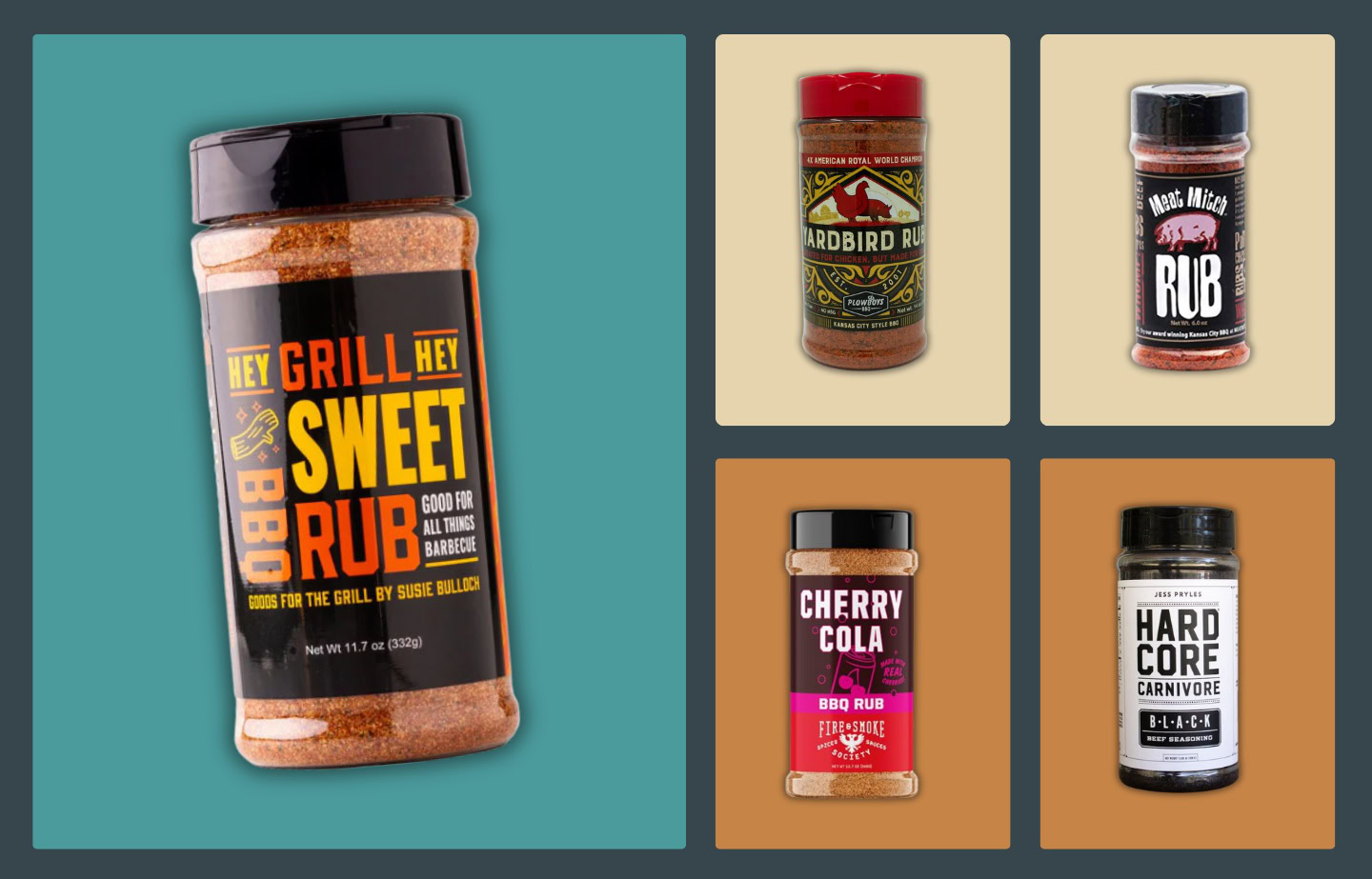 BBQ rub collage with Hey Grill Hey Sweet Rub featured as the main bottle with supporting rubs from Meat Mitch, Plowboys, Fire & Smoke, and Hardcore Carnivore.